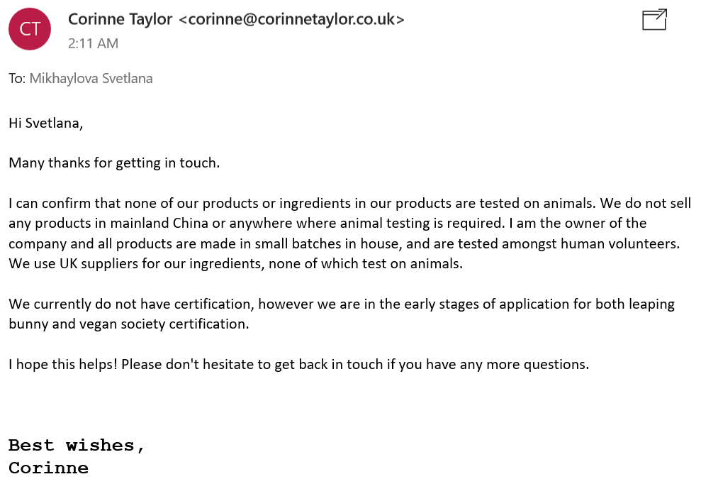 Corinne Taylor UK skincare is not tested on animals. | Ethical Bunny's guide to cruelty free and vegan skincare, makeup, haircare, bodycare, personal care, fragrance, beauty and household. Complete database list of natural, clean, green, non-toxic, organic options. Drugstore, luxury, high end, indie.