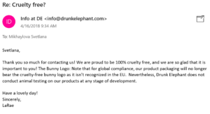Drunk Elephant products are not tested on animals. | Ethical Bunny's guide to cruelty free and vegan skincare, makeup, haircare, bodycare, personal care, fragrance and other beauty. Complete database list of natural, clean, green, non-toxic, organic options. Drugstore, luxury, high end, indie.