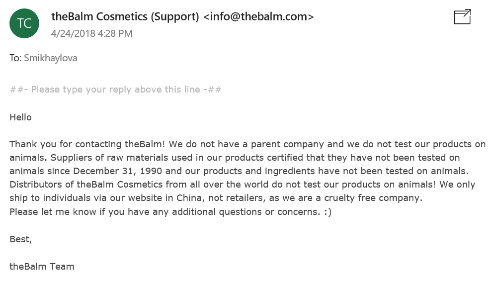 The Balm cosmetics is not tested on animals. | Ethical Bunny's guide to cruelty free and vegan skincare, makeup, haircare, bodycare, personal care, fragrance, beauty and household. Complete database list of natural, clean, green, non-toxic, organic options. Drugstore, luxury, high end, indie.