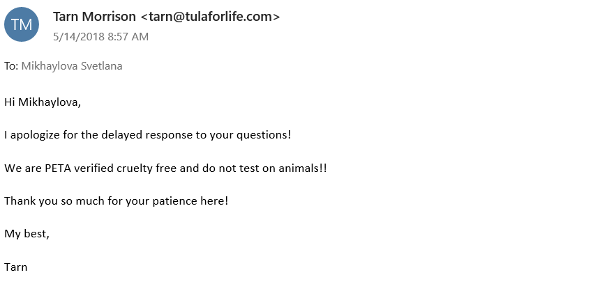 Tula skincare does not test on animals, they are peta certified. | Ethical Bunny's guide to cruelty free and vegan skincare, makeup, haircare, bodycare, personal care, fragrance, beauty and household. Complete database list of natural, clean, green, non-toxic, organic options. Drugstore, luxury, high end, indie.