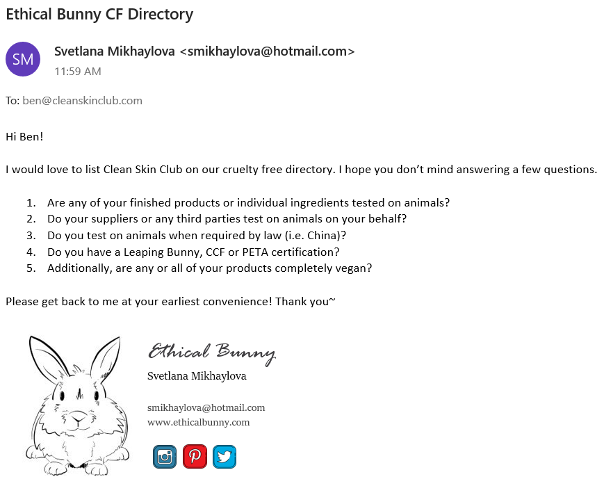 Clean Skin Club email correspondence | Ethical Bunny's cruelty free and vegan brand list with skincare, makeup, haircare, hygiene, bath and body guides. Featuring indie, clean, green, sustainable, non toxic, organic, botanical and natural products.