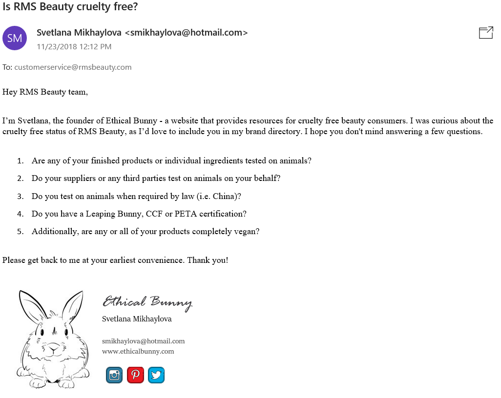 RMS beauty does not test on animals | Ethical Bunny's cruelty free and vegan brand list with skincare, makeup, haircare, hygiene, bath and body guides. Featuring indie, clean, green, sustainable, non toxic, organic, botanical and natural products.